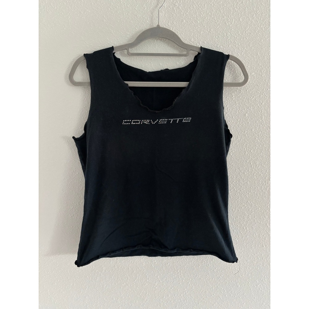 Y2K Corvette‎ Rhinestone Tank Top Women Black Sleeveless V Neck Casual Crop